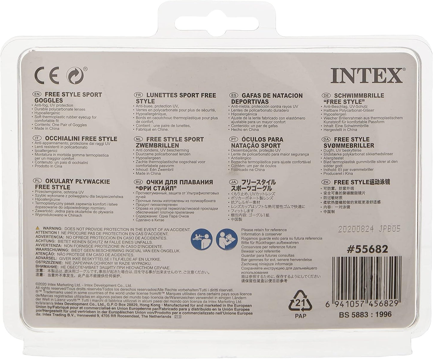 INTEX: GOGGLES FREE STYLE AQUA FLOW SPORTS ASSORTED COLOURS