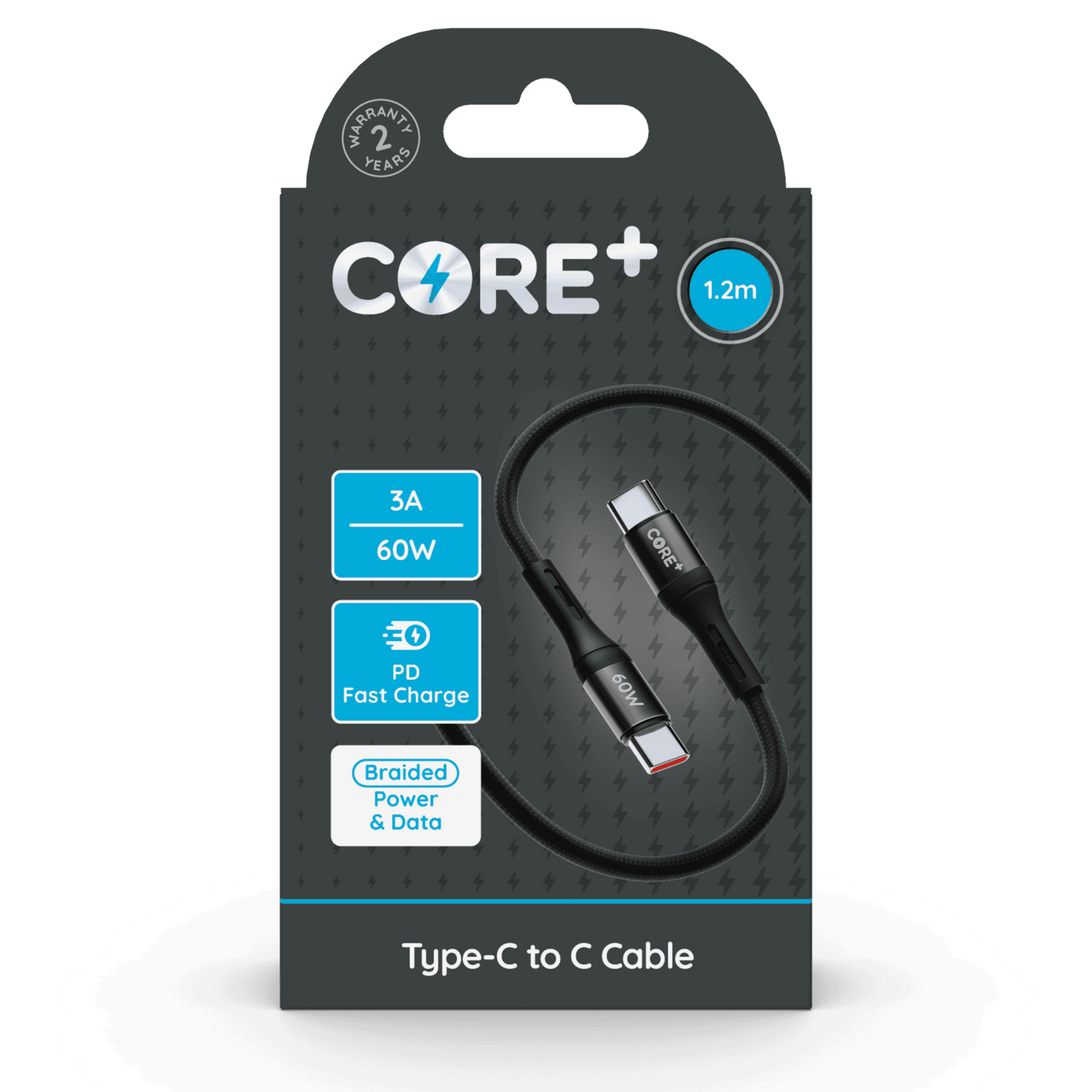 Core+ USB C to USB C Braided Cable Grey 1.2m