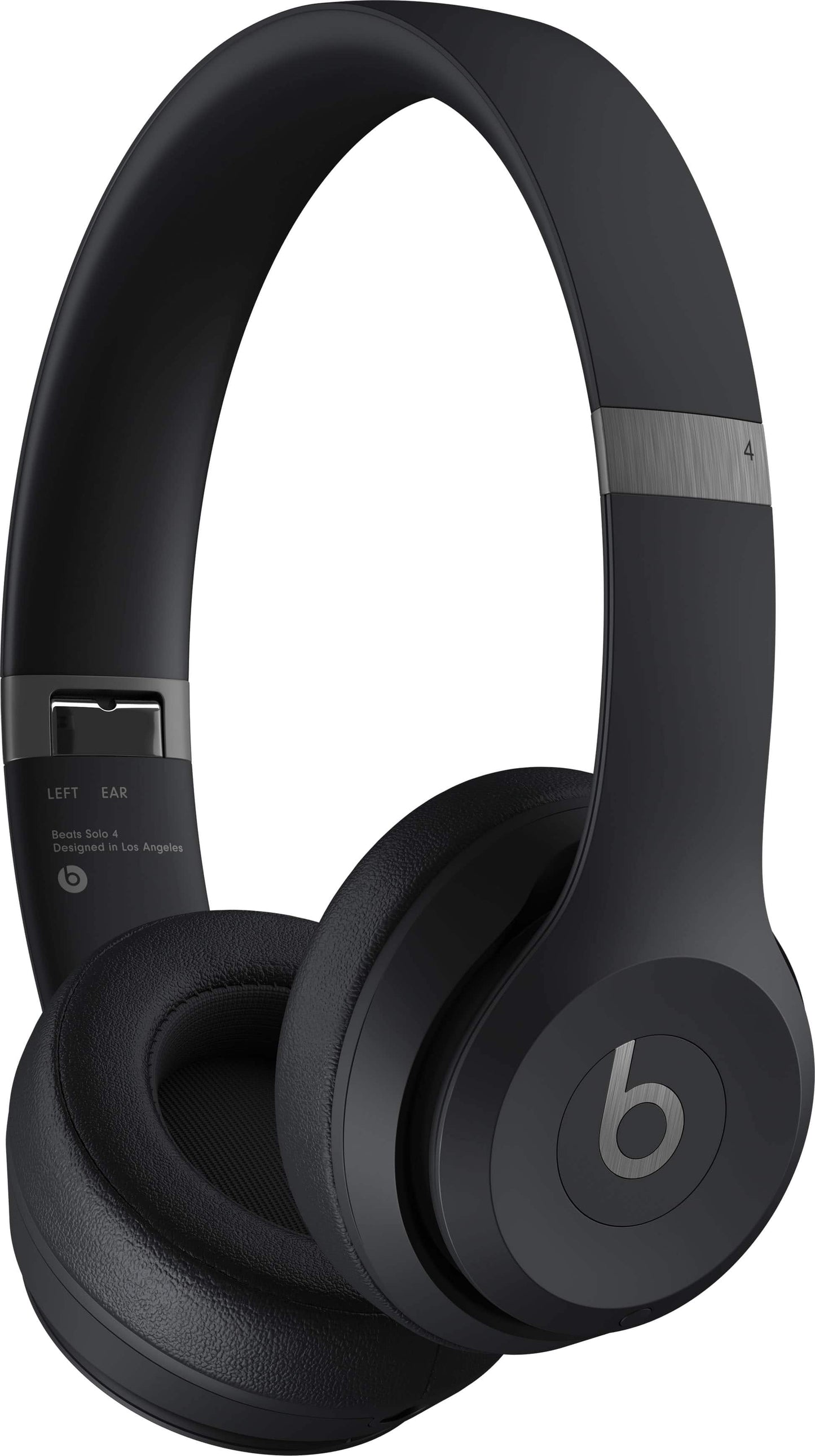 Beats Solo 4 matte black wireless on-ear headphones angled view