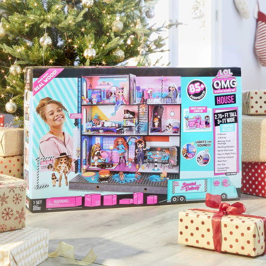 LOL OMG House - New Real Wood Doll House with 85+ Surprises | 3 Stories, 6 Rooms including Elevator, Tub, Pool, Patio, Living Room, Kitchen, Piano Bedroom, Bathroom, and Fashion Closet