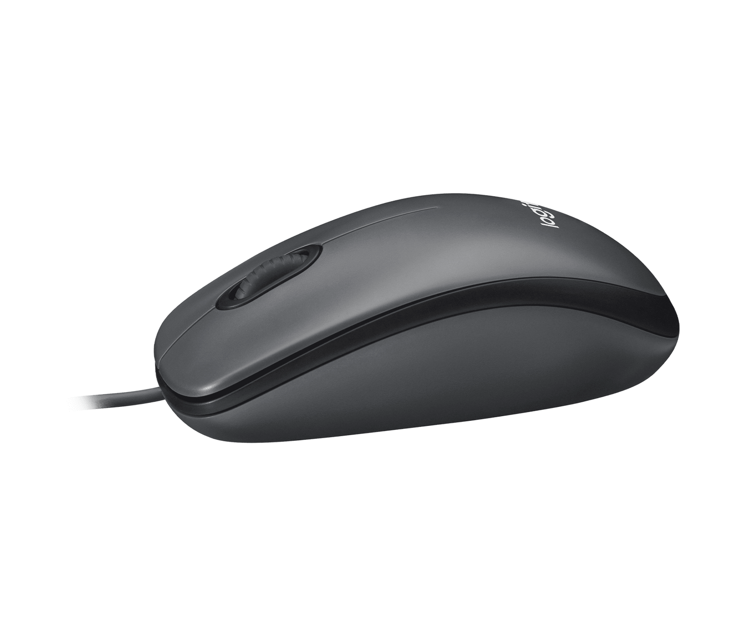 Logitech M100 wired USB mouse in charcoal - underside view