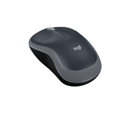 Logitech M185 wireless mouse in grey - three quarter angle
