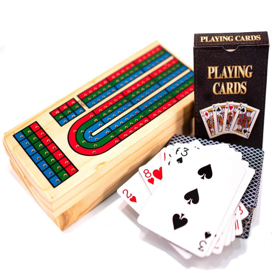 M.Y solid wood cribbage board open with playing cards