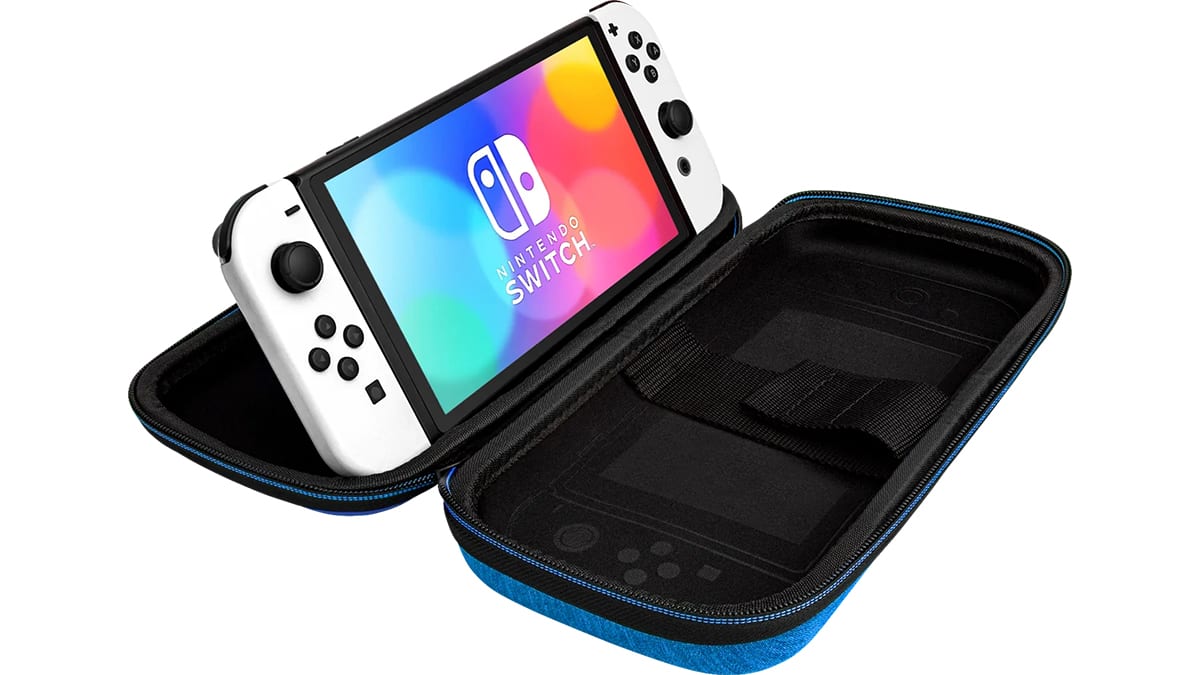 Nintendo Switch Travel Case Hyrule Blue with OLED in stand mode