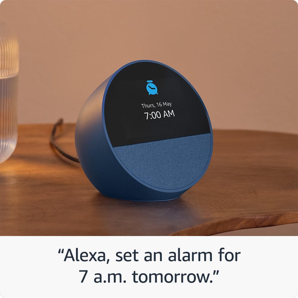 Echo Spot (newest gen), Smart alarm clock with vibrant sound + Alexa, Black