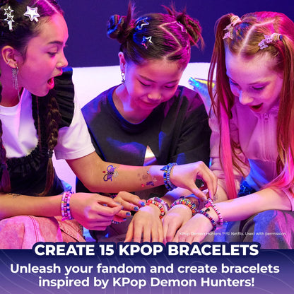 Three children showing colourful beaded bracelets made with the Cool Maker KPop Demon Hunters set