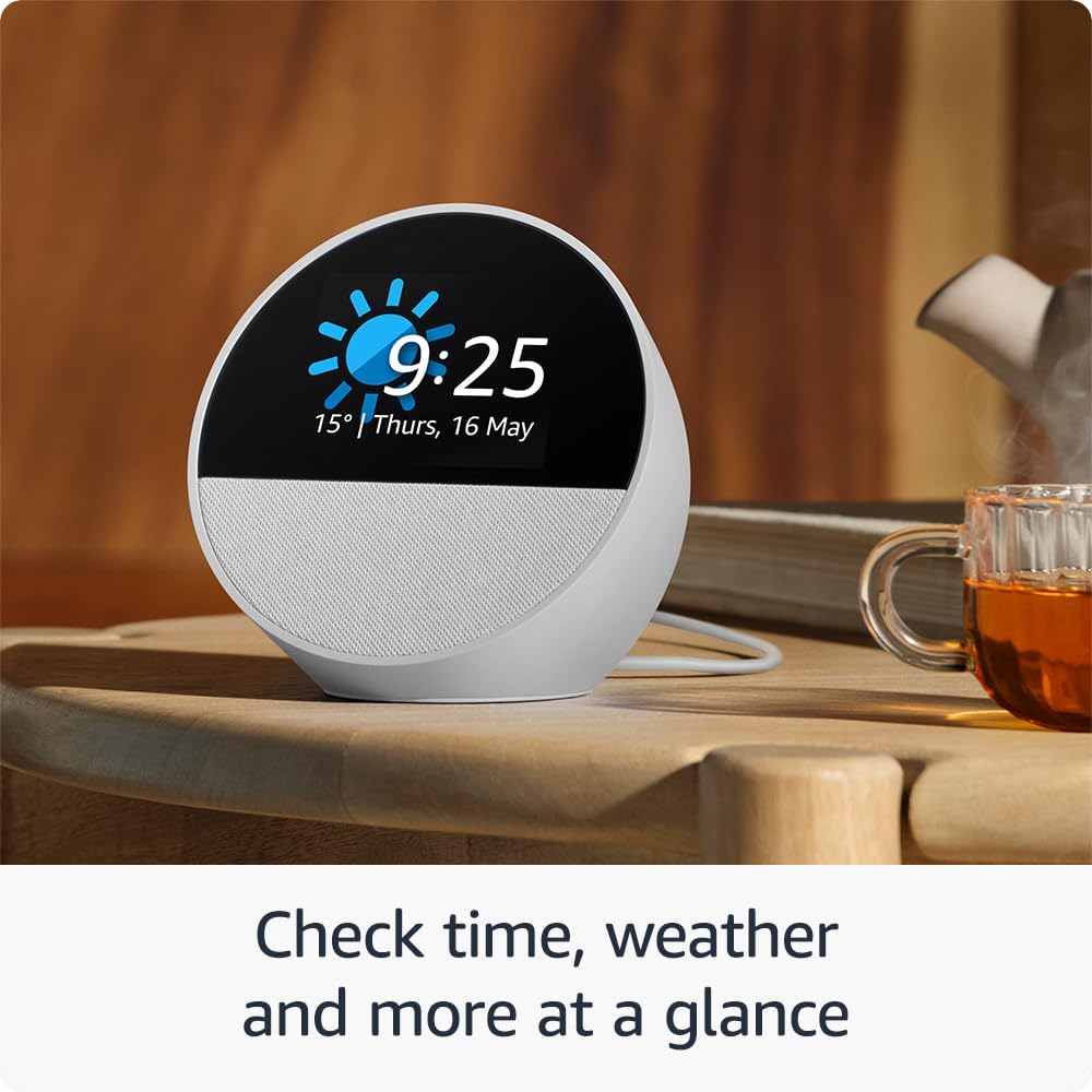 Echo Spot (newest gen), Smart alarm clock with vibrant sound + Alexa, Black