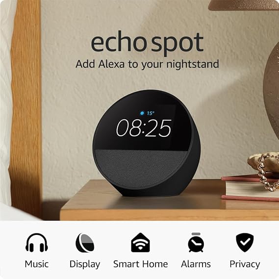 Echo Spot (newest gen), Smart alarm clock with vibrant sound + Alexa, Black