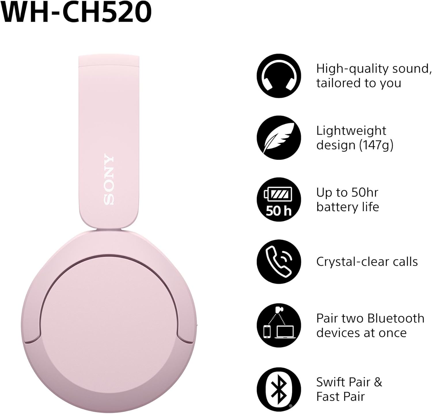 Sony Headphones Bluetooth Pink (WH-CH520)