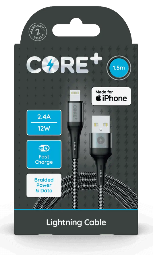 Core+ USB A to Lightning Braided Cable Grey 1.2m