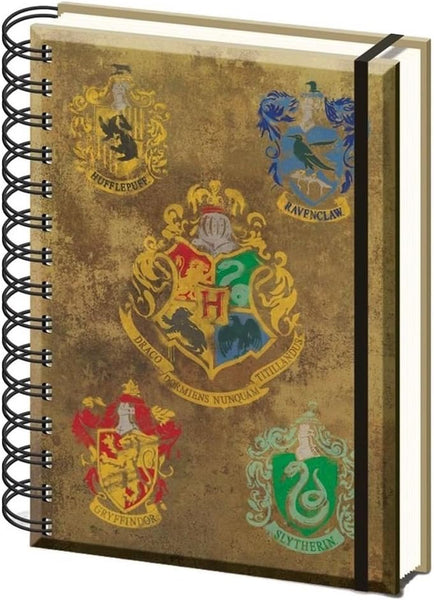 Harry Potter A5 Lined Wiro Notebook Hogwarts Crest & Four Houses - Official Merchandise