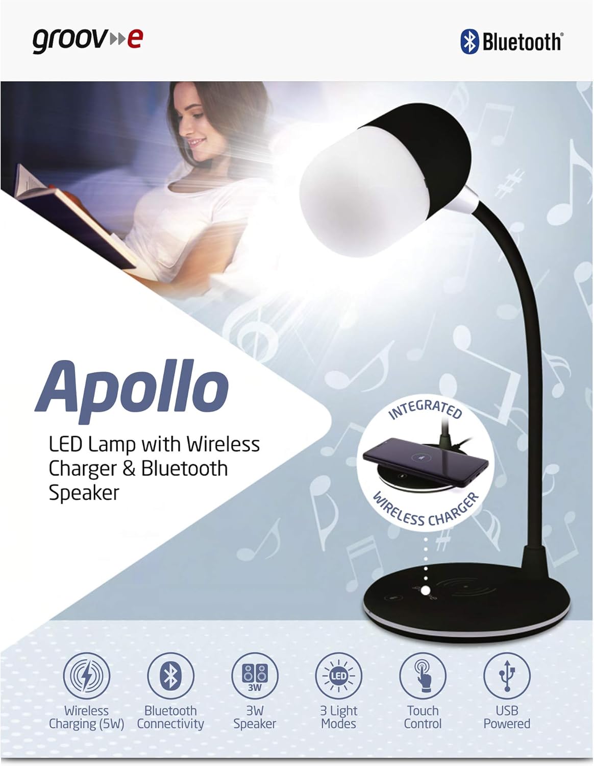 Groov-E LED Lamp With Wireless Charger & Speaker Black