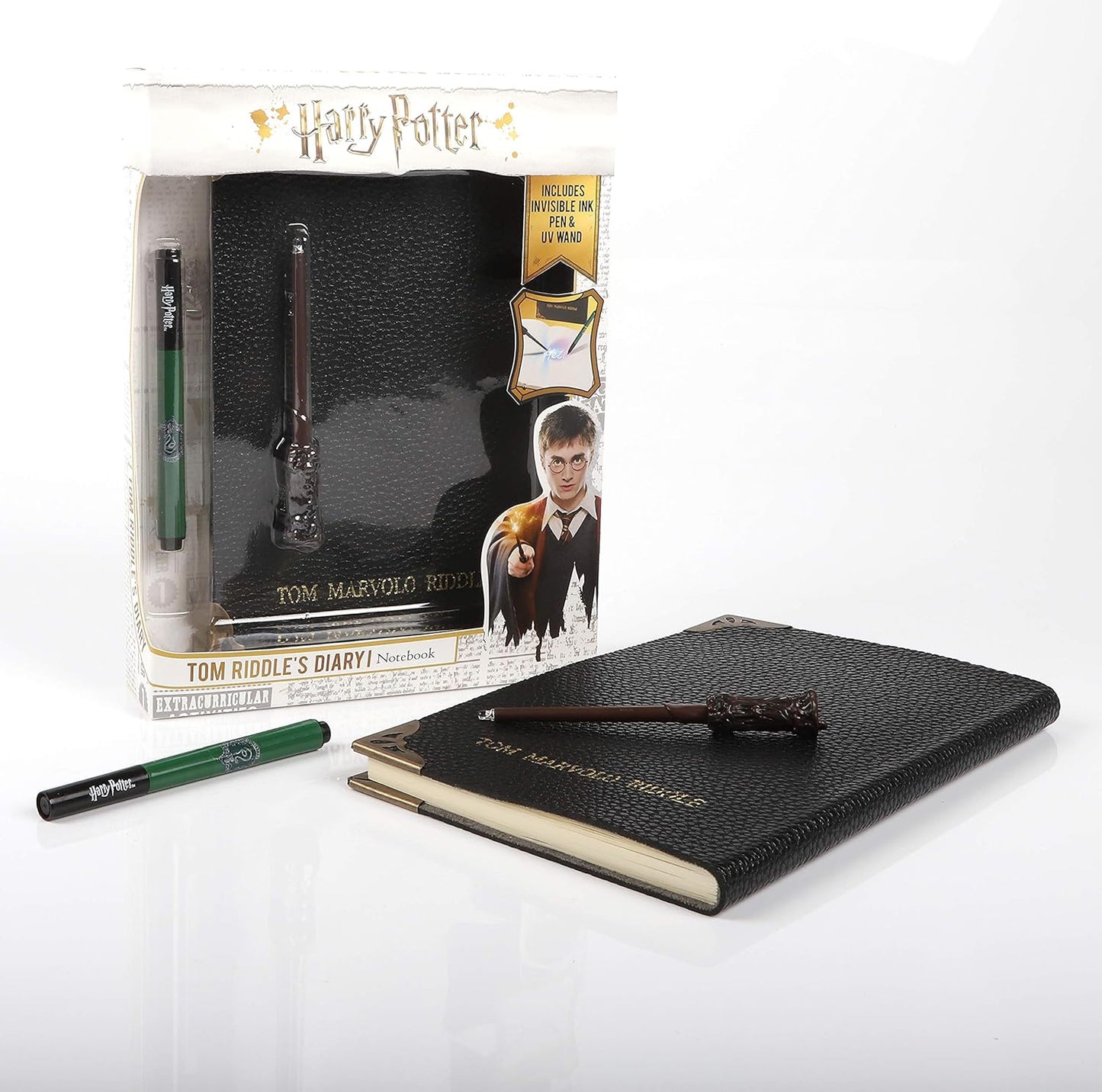 WOW! STUFF Tom Riddle's Secret Diary With Slytherin House Invisible Ink Pen and Harry Potter UV Light-Up Wand | Harry Potter Stationery Set
