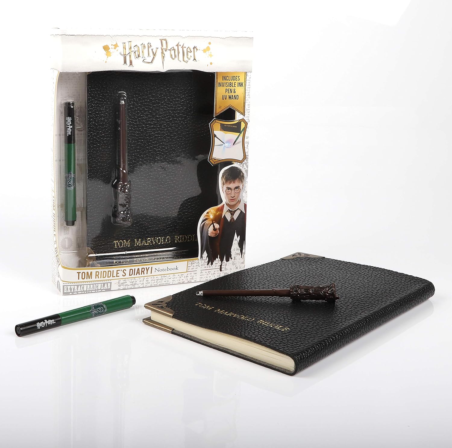 WOW! STUFF Tom Riddle's Secret Diary With Slytherin House Invisible Ink Pen and Harry Potter UV Light-Up Wand | Harry Potter Stationery Set