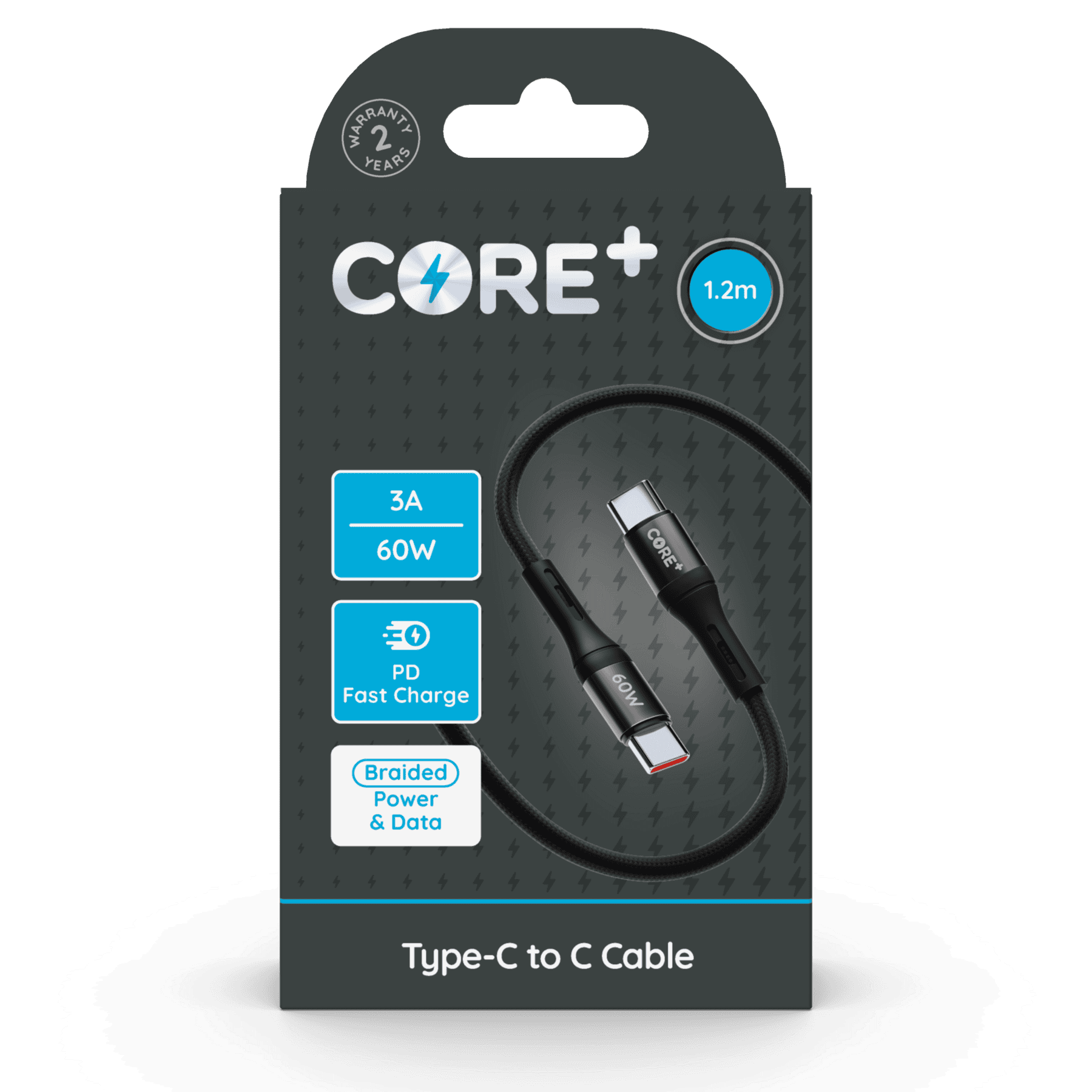 Core+ USB C to USB C Braided Cable Grey 1.2m