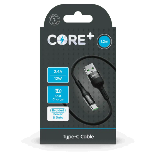 Core+ USB A to USB C Braided Cable Grey 1.2m