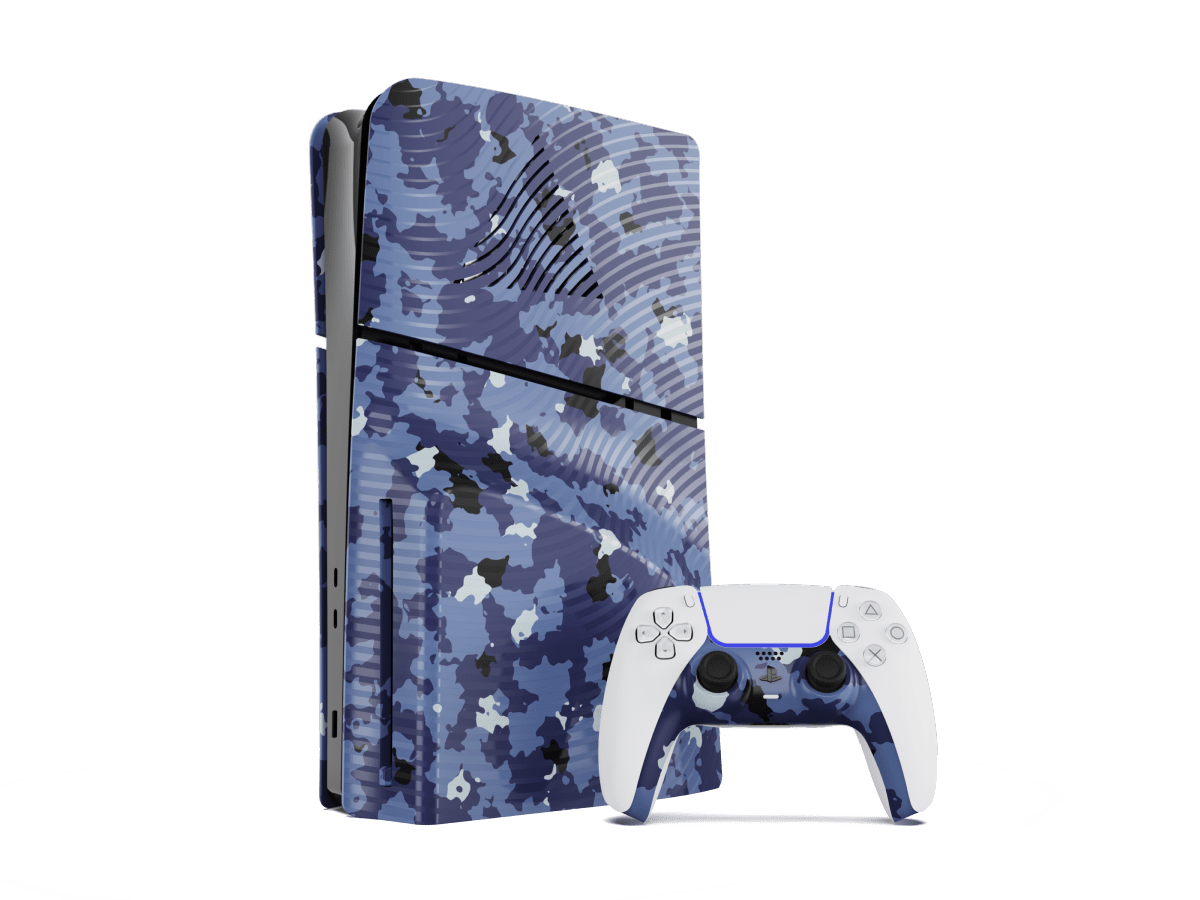 Maxx Tech PS5 Slim Blue Wave Camo faceplates kit on console and controller