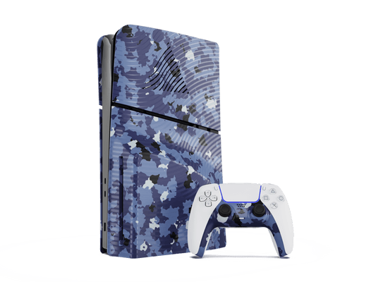 Maxx Tech PS5 Slim Blue Wave Camo faceplates kit on console and controller