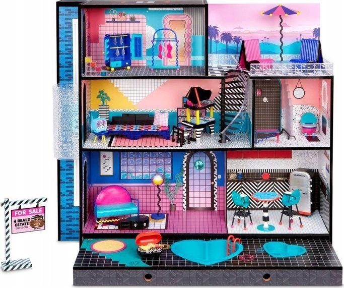 LOL OMG House - New Real Wood Doll House with 85+ Surprises | 3 Stories, 6 Rooms including Elevator, Tub, Pool, Patio, Living Room, Kitchen, Piano Bedroom, Bathroom, and Fashion Closet