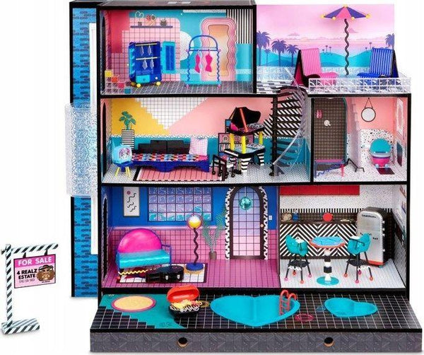 LOL OMG House - New Real Wood Doll House with 85+ Surprises | 3 Stories, 6 Rooms including Elevator, Tub, Pool, Patio, Living Room, Kitchen, Piano Bedroom, Bathroom, and Fashion Closet