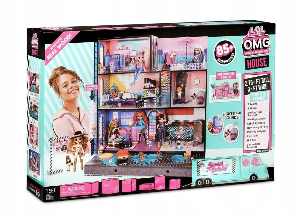 LOL OMG House - New Real Wood Doll House with 85+ Surprises | 3 Stories, 6 Rooms including Elevator, Tub, Pool, Patio, Living Room, Kitchen, Piano Bedroom, Bathroom, and Fashion Closet