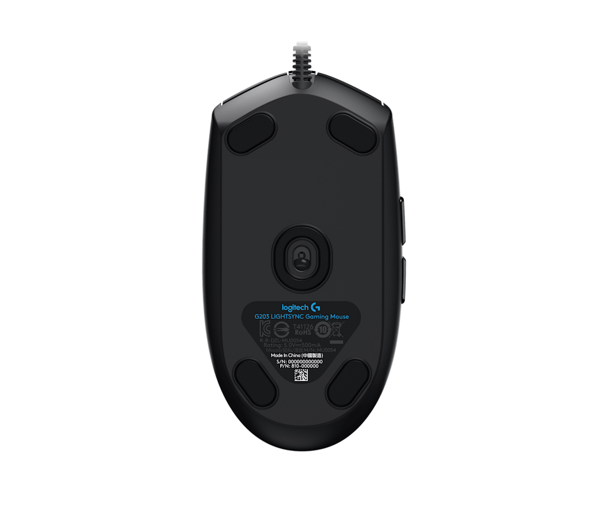 Logitech G203 LIGHTSYNC wired gaming mouse in black - bottom view