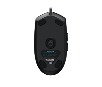 Logitech G203 LIGHTSYNC wired gaming mouse in black - bottom view