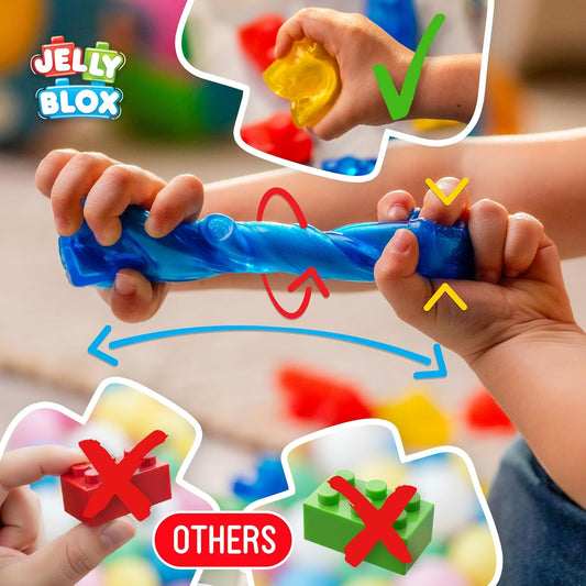 Jelly Blox 20pc Creative Kit soft sensory blocks being stretched