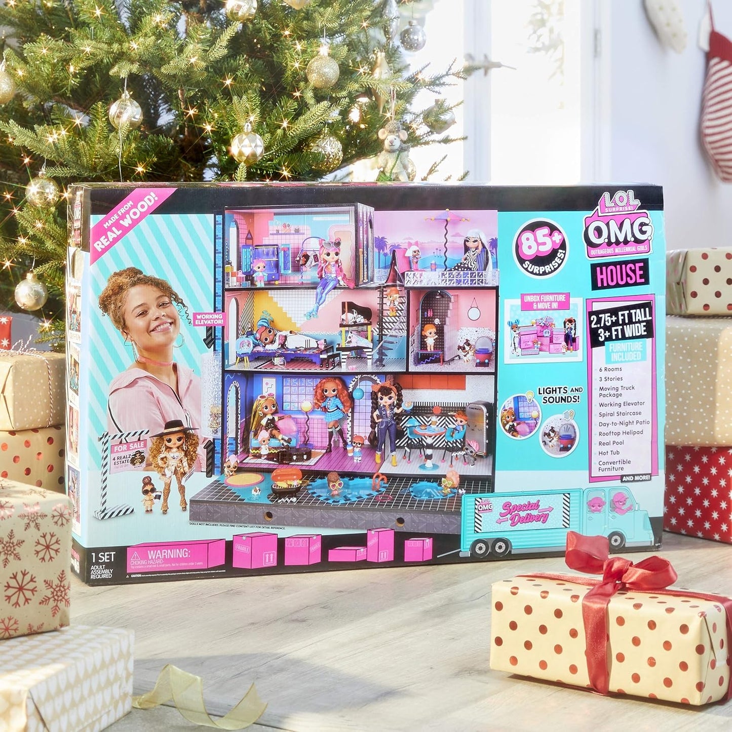 LOL OMG House - New Real Wood Doll House with 85+ Surprises | 3 Stories, 6 Rooms including Elevator, Tub, Pool, Patio, Living Room, Kitchen, Piano Bedroom, Bathroom, and Fashion Closet