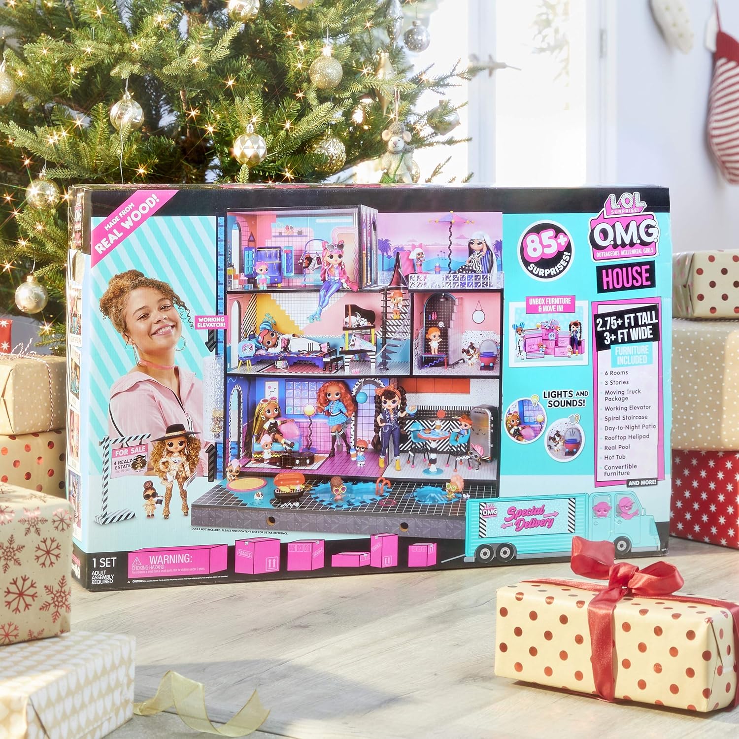 LOL OMG House - New Real Wood Doll House with 85+ Surprises | 3 Stories, 6 Rooms including Elevator, Tub, Pool, Patio, Living Room, Kitchen, Piano Bedroom, Bathroom, and Fashion Closet
