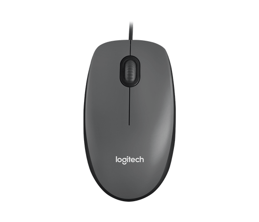 Logitech M100 wired USB mouse in charcoal - top view