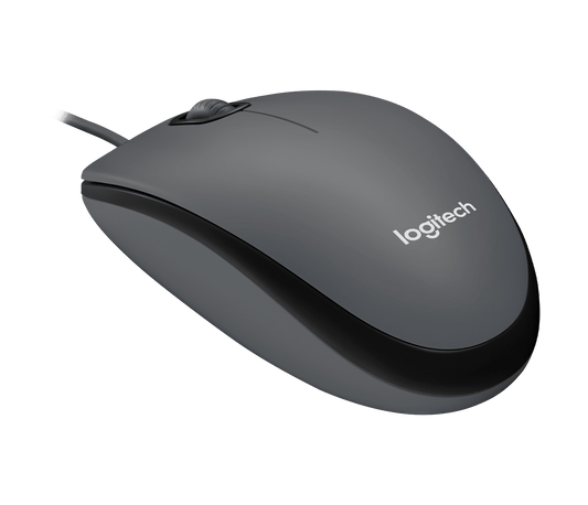 Logitech M100 wired USB mouse in charcoal - side view