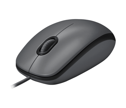 Logitech M100 wired USB mouse in charcoal - front angle