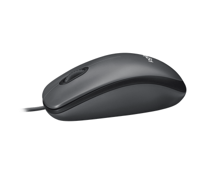 Logitech M100 wired USB mouse in charcoal - underside view