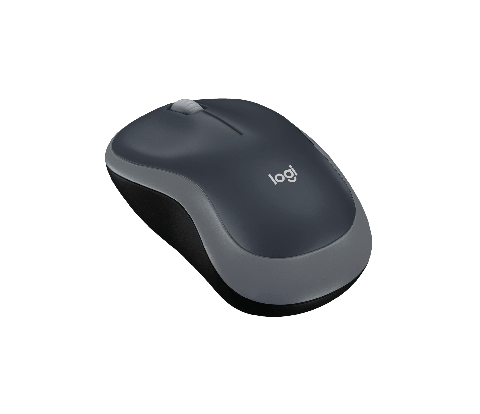 Logitech M185 wireless mouse in grey - three quarter angle