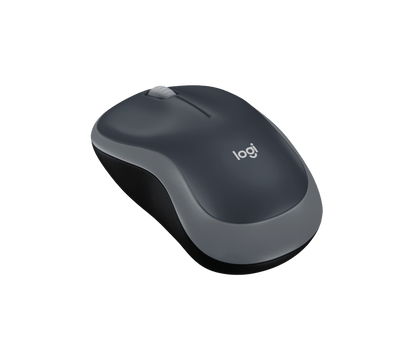 Logitech M185 wireless mouse in grey - three quarter angle