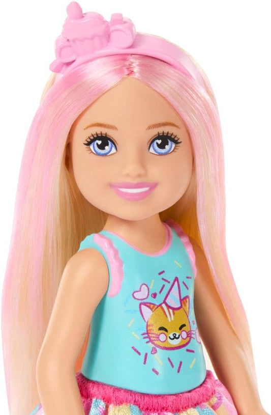 Barbie Chelsea Birthday Doll & Accessories - Barbie Club Chelsea 6-Inch Birthday-Themed Small Doll with Pink-Streaked Blonde Hair, Colorful Dress & 4 Party Accessories, JJB37