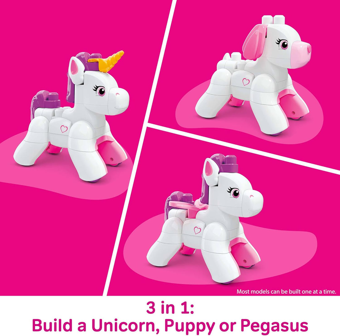 Mega BLOKS Ma Licorne à Construire, Coffret de Construction 3 en 1 pour Les Tout-Petits (constructions alternatives : Un Chiot et Pégase), avec 26 éléments, pour Enfants à partir de 3 Ans, JKG36