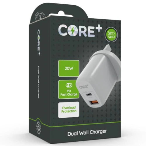 Core+ Dual Wall Charger USB C & USB A 20W Fast Charge