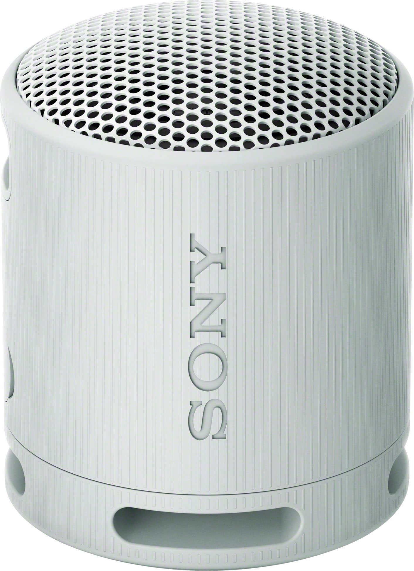 Sony SRS-XB100 light grey Bluetooth speaker angled view