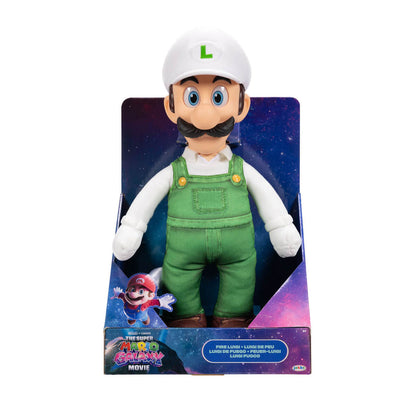 The Super Mario Galaxy Movie Fire Luigi posable plush packaging
