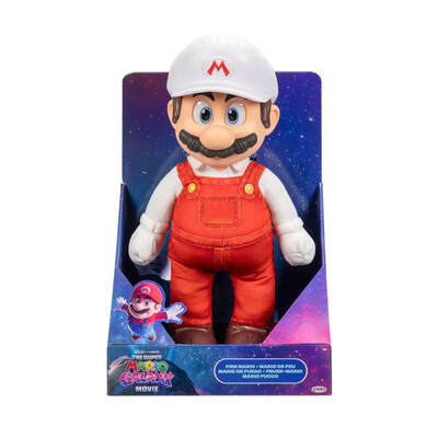The Super Mario Galaxy Movie Fire Mario posable plush packaging
