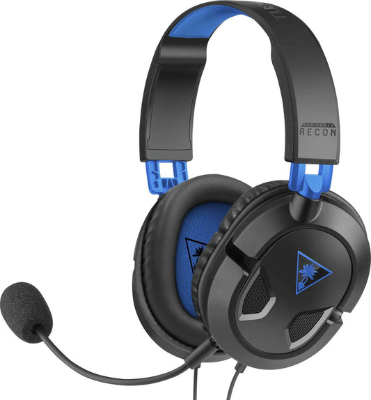 Turtle Beach Recon 50P black blue wired gaming headset angled view